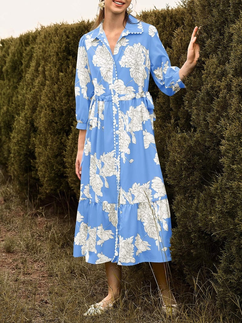Wenrine Womens Maxi Shirt Dress Casual Floral Collared 3/4 Long Sleeve Drawstring Waist Fall Button Down Dresses Blue - Image 5