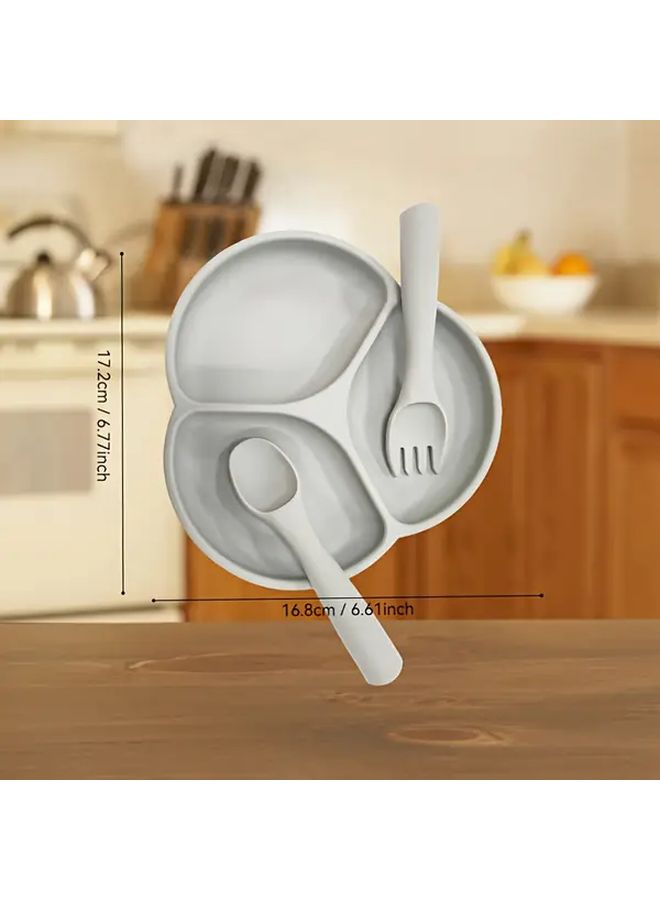 Grey Multi-Compartment Divided Plate With Fork And Spoon Set For Portion Control - Image 3