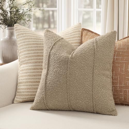 YCOLL Textured Boucle Throw Pillow Covers 20x20 Pack of 2 Soft Neutral Striped Cushion Covers Cozy Accent Decorative Pillow Covers for Couch Sofa Bed Living Room Taupe - Image 3