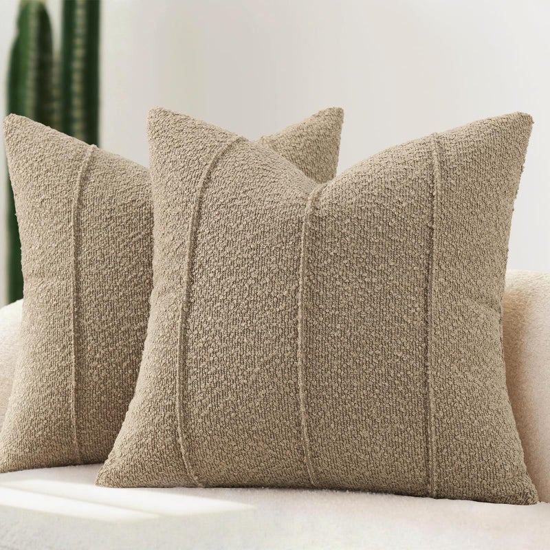YCOLL Textured Boucle Throw Pillow Covers 20x20 Pack of 2 Soft Neutral Striped Cushion Covers Cozy Accent Decorative Pillow Covers for Couch Sofa Bed Living Room Taupe - Image 2