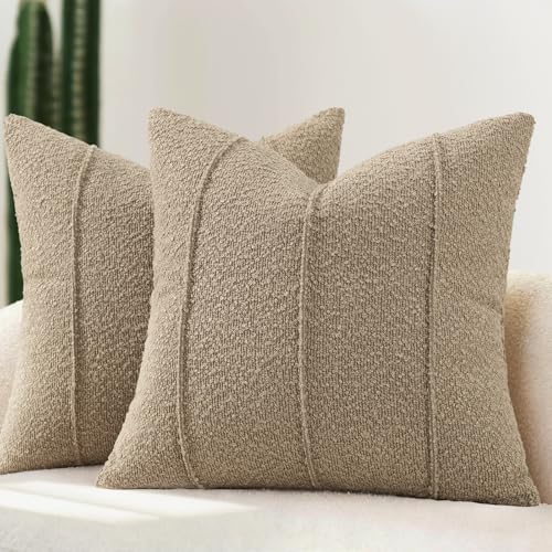 YCOLL Textured Boucle Throw Pillow Covers 20x20 Pack of 2 Soft Neutral Striped Cushion Covers Cozy Accent Decorative Pillow Covers for Couch Sofa Bed Living Room Taupe - Image 1