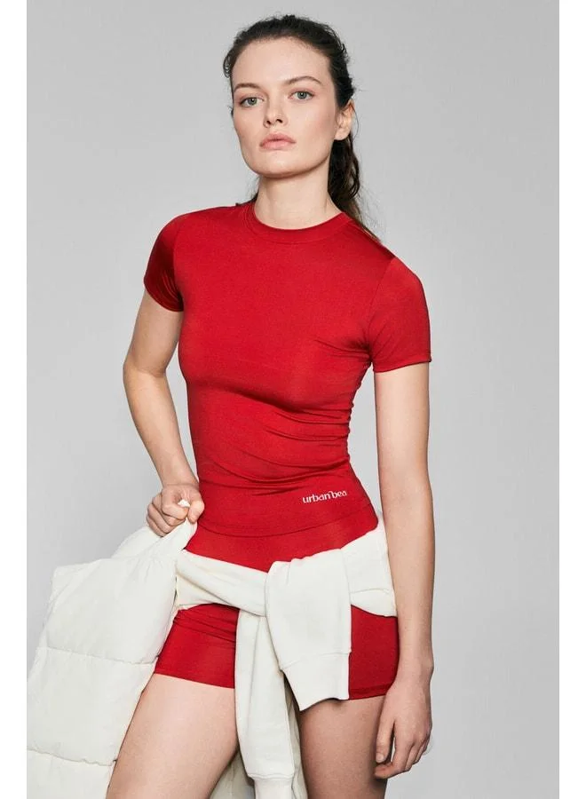URBAN BEAT FLEXORA Women's Round Neck Printed Detail Slim Fit Sports Red T-Shirt.