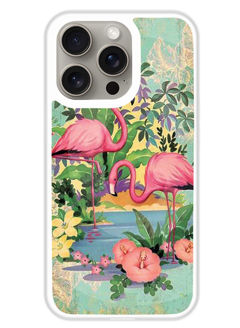 Theodor Protective Case Cover For APPLE IPHONE 15 Pro Max Pink Flamingoes (White Bumper) - Image 1