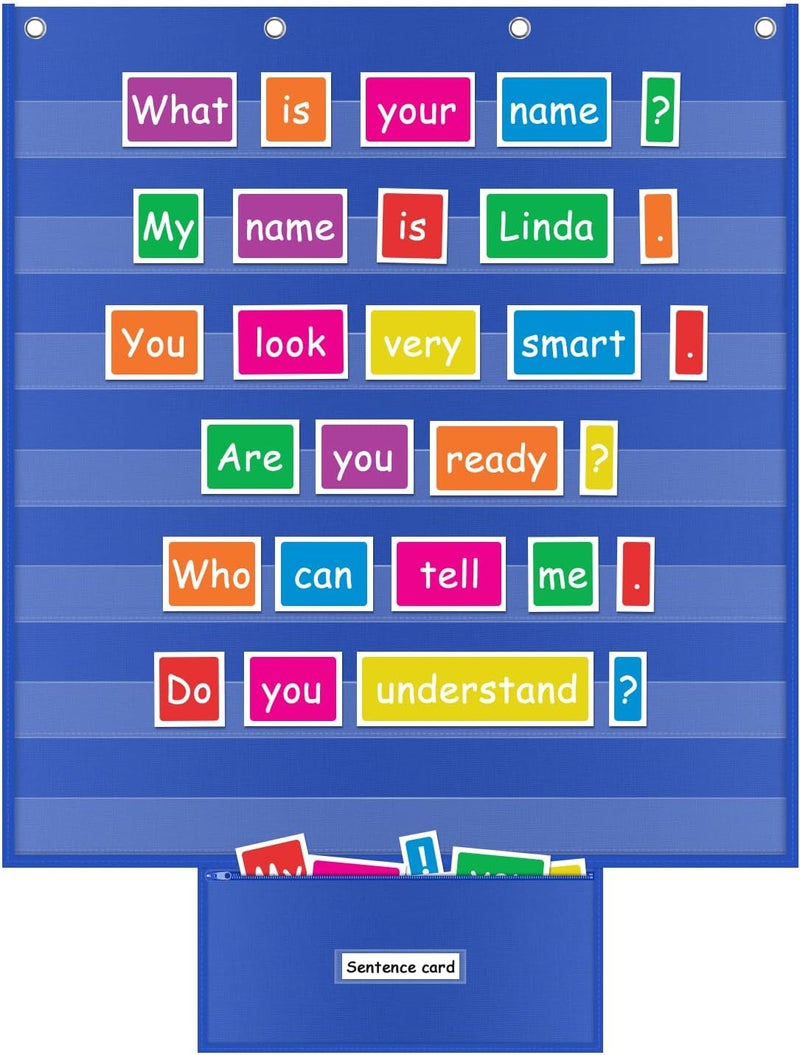 ALSLEA Standard Pocket Chart for Classroom 28"x28" Wall Hanging Pocket Charts Back to School Supplies for Teacher Large Pocket Charts 7 Sentence Strips Holder with Card Organizer (Blue) - Image 1