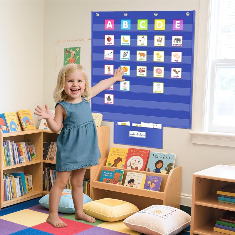 ALSLEA Standard Pocket Chart for Classroom 28"x28" Wall Hanging Pocket Charts Back to School Supplies for Teacher Large Pocket Charts 7 Sentence Strips Holder with Card Organizer (Blue) - Image 5