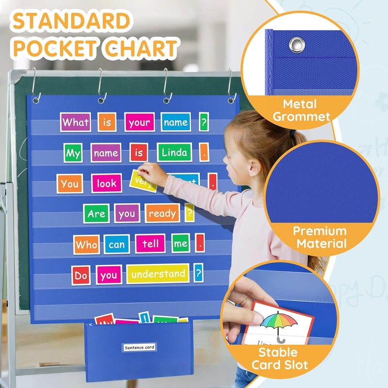 ALSLEA Standard Pocket Chart for Classroom 28"x28" Wall Hanging Pocket Charts Back to School Supplies for Teacher Large Pocket Charts 7 Sentence Strips Holder with Card Organizer (Blue) - Image 4