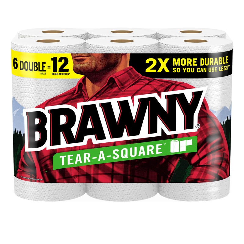 Brawny Tear-A-Square Paper Towels, 6 Double Rolls = 12 Regular Rolls, 3 Sheet Sizes (Quarter, Half, Full), Strength for All Messes, Cleanups, and Meal Prep - Image 1