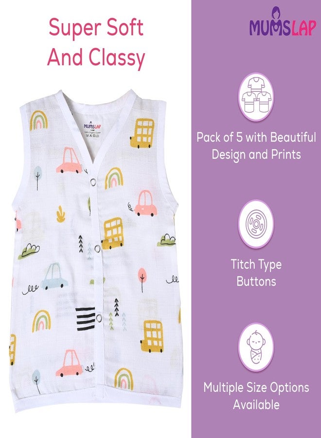 MumsLap Organic Cotton Muslin Jhablas for Boy and Girl New Born to 12 Months | Pack of 5 | Beautiful Prints (Unicorn, Koala, Cars, Vegetables and Baloons) | Sleeveless Vest | Baby Shower Gift (9-12) - Image 4