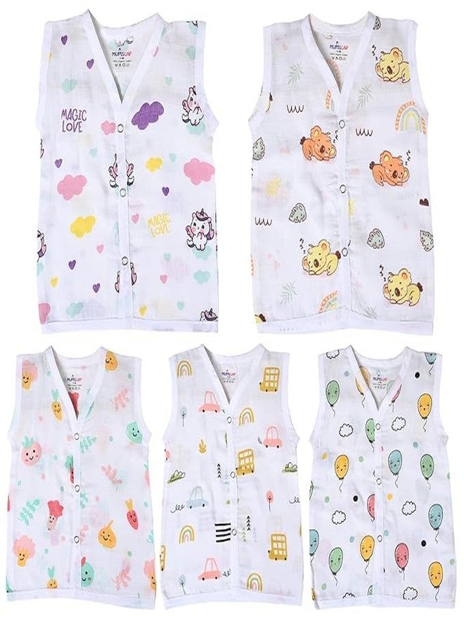 MumsLap Organic Cotton Muslin Jhablas for Boy and Girl New Born to 12 Months | Pack of 5 | Beautiful Prints (Unicorn, Koala, Cars, Vegetables and Baloons) | Sleeveless Vest | Baby Shower Gift (9-12) - Image 1