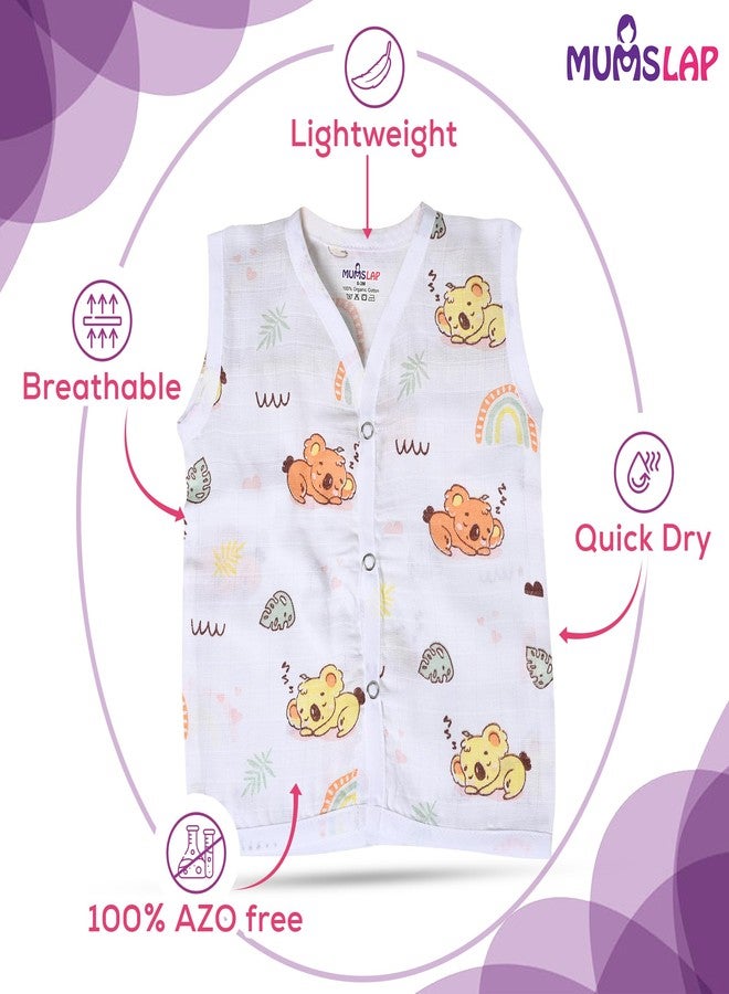 MumsLap Organic Cotton Muslin Jhablas for Boy and Girl New Born to 12 Months | Pack of 5 | Beautiful Prints (Unicorn, Koala, Cars, Vegetables and Baloons) | Sleeveless Vest | Baby Shower Gift (9-12) - Image 2
