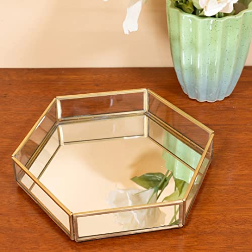 ARTINCO Art India Collections Vintage Glass Jewelry Tray, Hexagonal Home Decor Makeup Organizer, Vanity Tray - Brass Gold 8x9x1.5 - Image 4