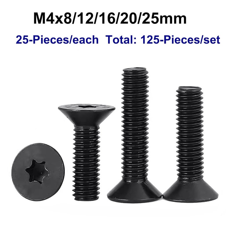 HanTof 125Pcs Flat Head Torx Drive Screws Bolts, Grade 10.9 Alloy Steel, M4 x 8/12/16/20/25mm CSK Head Star Drive Machine Screws Set with T20 Wrench, Black Oxide Finish, Fully Threaded Pitch : 0.7 mm - Image 5