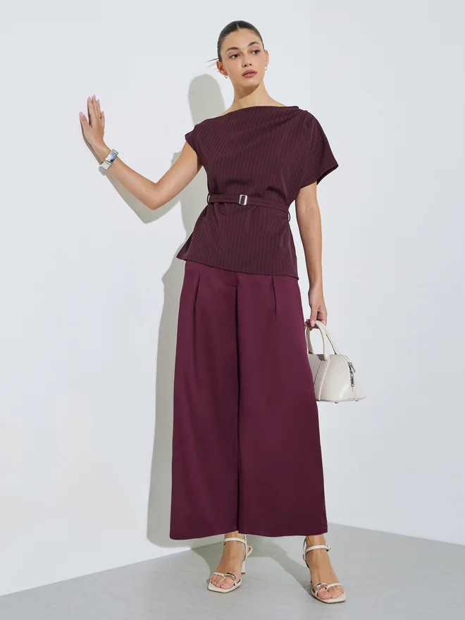 Styli Styli Burgundy Pinstripe Blouse with Belt