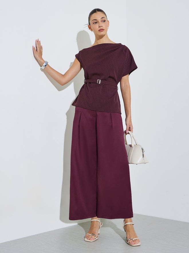 Styli Burgundy Pinstripe Blouse with Belt - Image 2