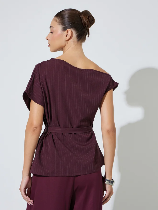 Styli red Styli Burgundy Pinstripe Blouse with Belt for Women | Best Price UAE