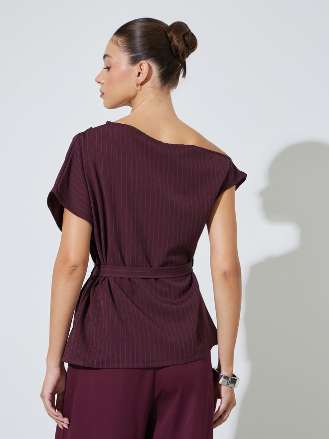 Styli Burgundy Pinstripe Blouse with Belt - Image 5
