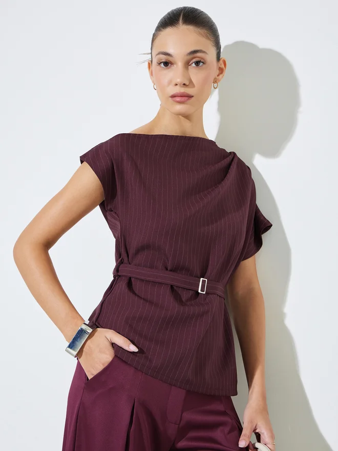 Styli Styli Burgundy Pinstripe Blouse with Belt
