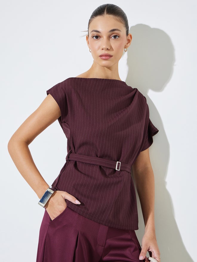 Styli Burgundy Pinstripe Blouse with Belt - Image 1