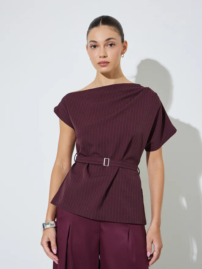 Styli red Styli Burgundy Pinstripe Blouse with Belt for Women | Best Price UAE