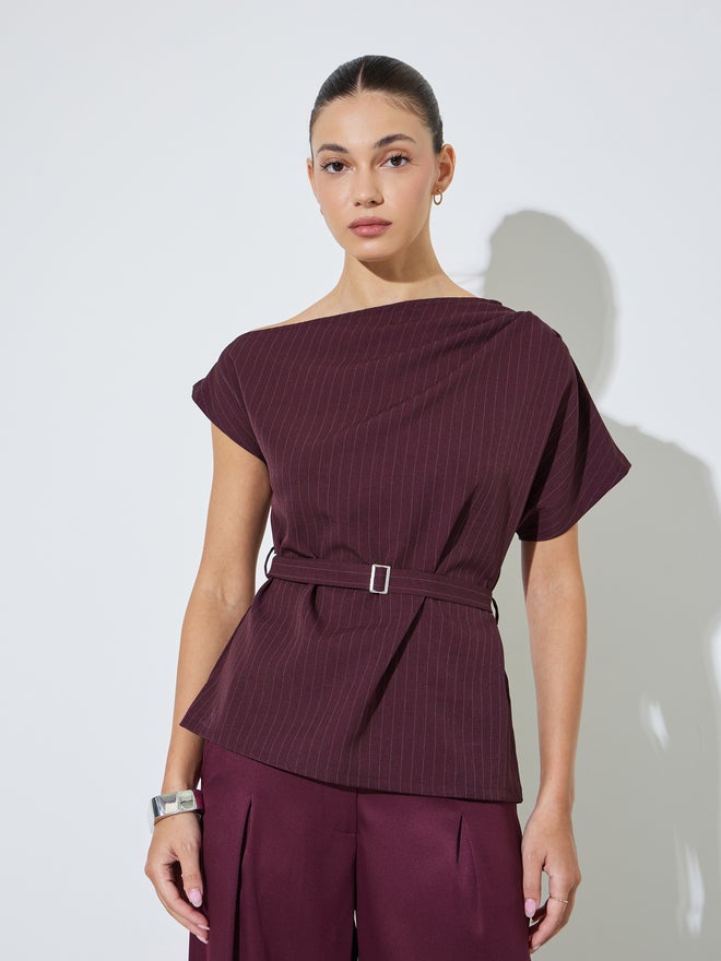 Styli Burgundy Pinstripe Blouse with Belt - Image 3