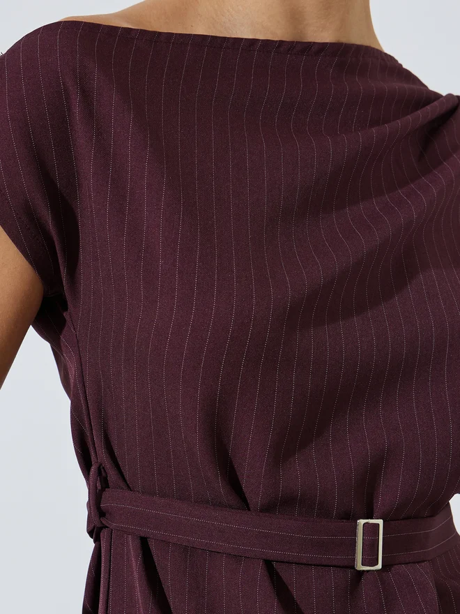 Styli red Styli Burgundy Pinstripe Blouse with Belt for Women | Best Price UAE