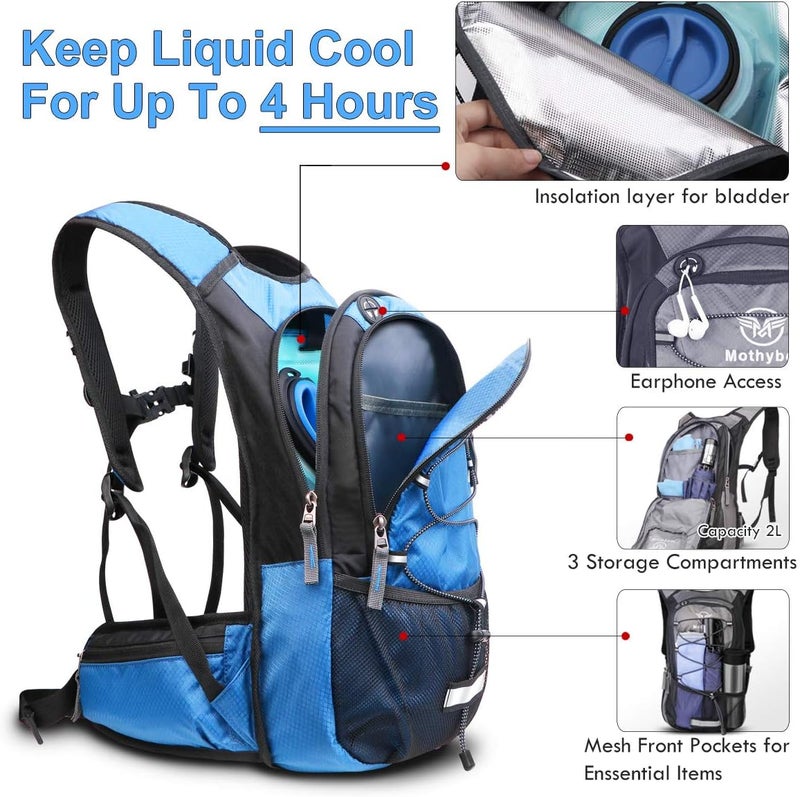 Mothybot Hydration Pack, Insulated Hydration Backpack with 2L BPA Free Water Bladder and Storage, Hiking Backpack for Men, Women, Kids for Running, Cycling, Camping - Keep Liquid Cool up to 5 Hours - Image 5