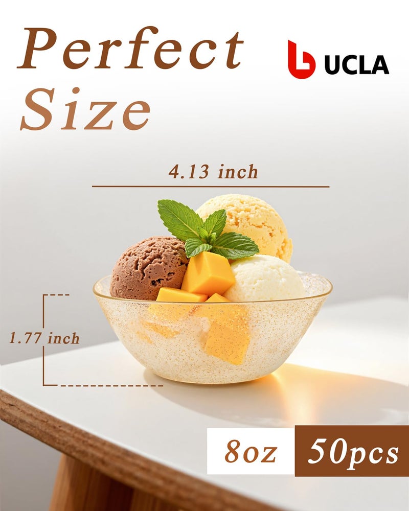 bUCLA 50Pack Gold Glitter Plastic Small Bowls - 8oz Disposable Ice Cream/Salsa/Dipping/Dessert/Sauce/Small Serving Bowls for Party - Image 2