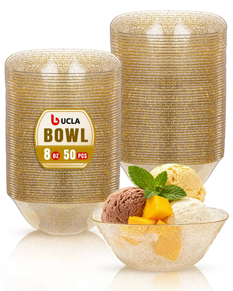 bUCLA 50Pack Gold Glitter Plastic Small Bowls - 8oz Disposable Ice Cream/Salsa/Dipping/Dessert/Sauce/Small Serving Bowls for Party - Image 1