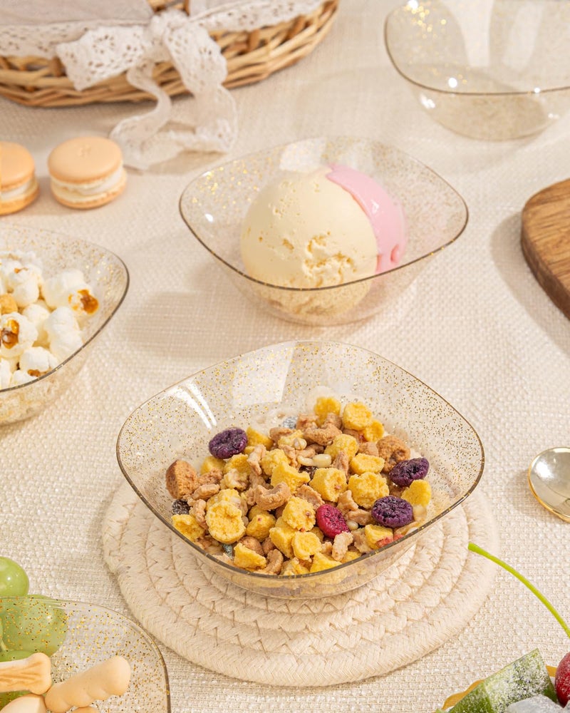 bUCLA 50Pack Gold Glitter Plastic Small Bowls - 8oz Disposable Ice Cream/Salsa/Dipping/Dessert/Sauce/Small Serving Bowls for Party - Image 5