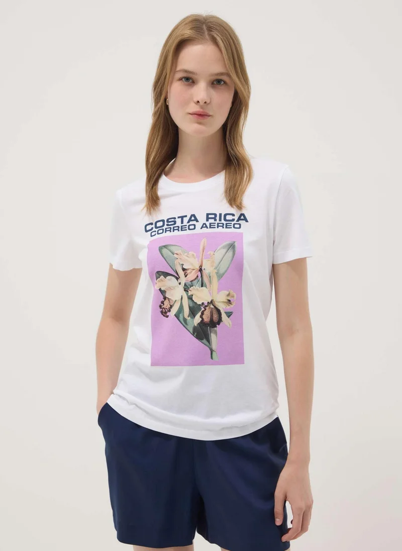 او في اس OVS White Pure Cotton T-Shirt With Front Print