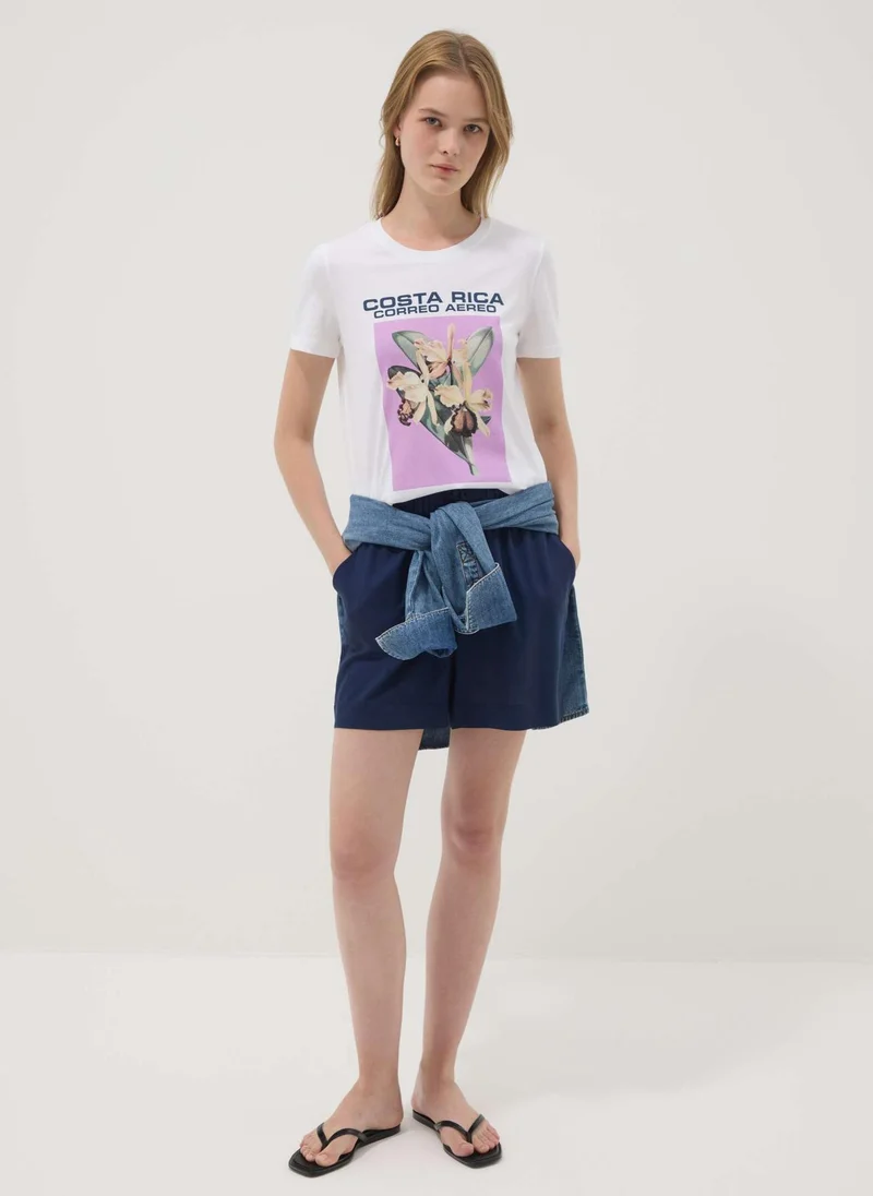 او في اس OVS White Pure Cotton T-Shirt With Front Print