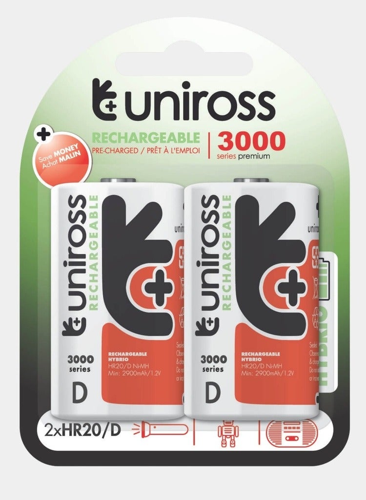 Uniross Ni-MH Rechargeable D Battery 3000mAh (Pack of 2)