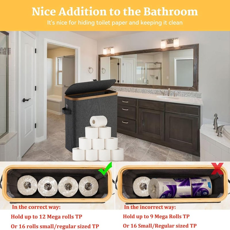 FuBegi Toilet Paper Storage Basket with Lid for Mega Rolls, Large Bamboo Toilet Paper Organizer Storage Holder Stand for Bathroom, Enclosed Toilet Paper Tissue Storage Bin Box Container Free Standing, Gray - Image 2
