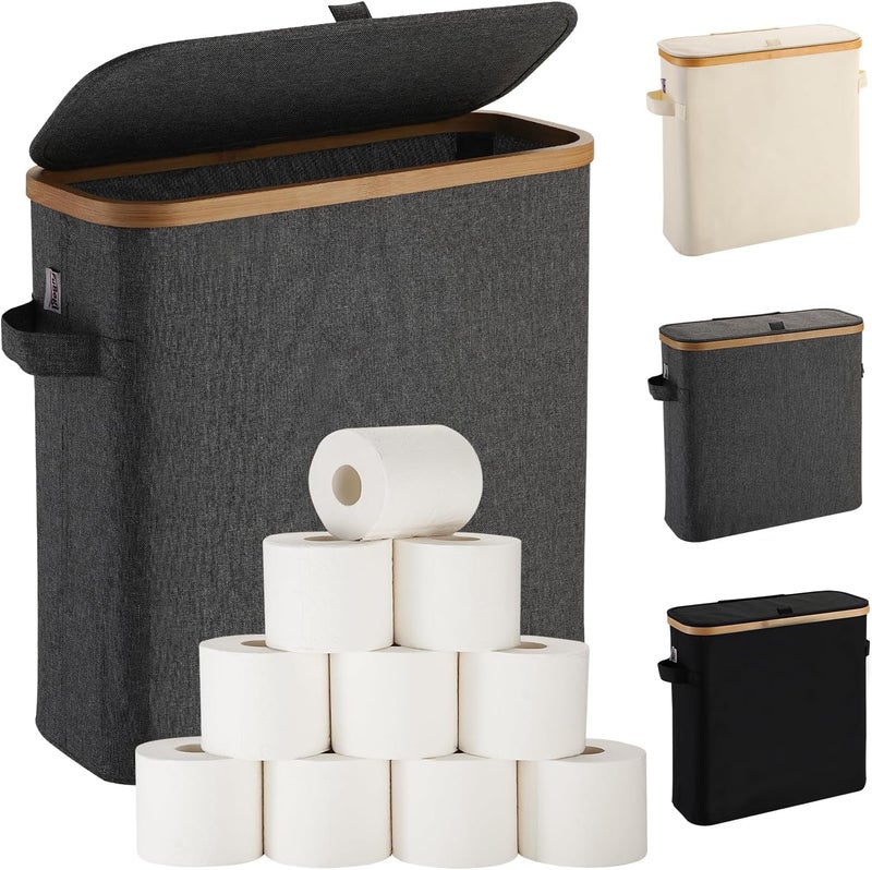 FuBegi Toilet Paper Storage Basket with Lid for Mega Rolls, Large Bamboo Toilet Paper Organizer Storage Holder Stand for Bathroom, Enclosed Toilet Paper Tissue Storage Bin Box Container Free Standing, Gray - Image 1