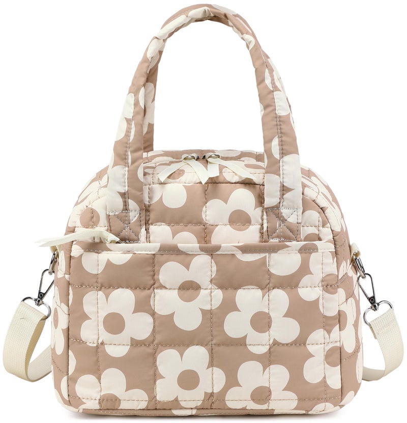 LEDAOU Lunch Box for Women Lunch bag Quilted Puffer Insulated Lunch Box with Adjustable Strap Reusable LunchBox for Work School Picnic Travel Big Flower Brown - Image 2