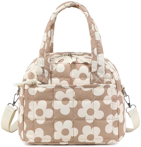 LEDAOU Lunch Box for Women Lunch bag Quilted Puffer Insulated Lunch Box with Adjustable Strap Reusable LunchBox for Work School Picnic Travel Big Flower Brown - Image 1
