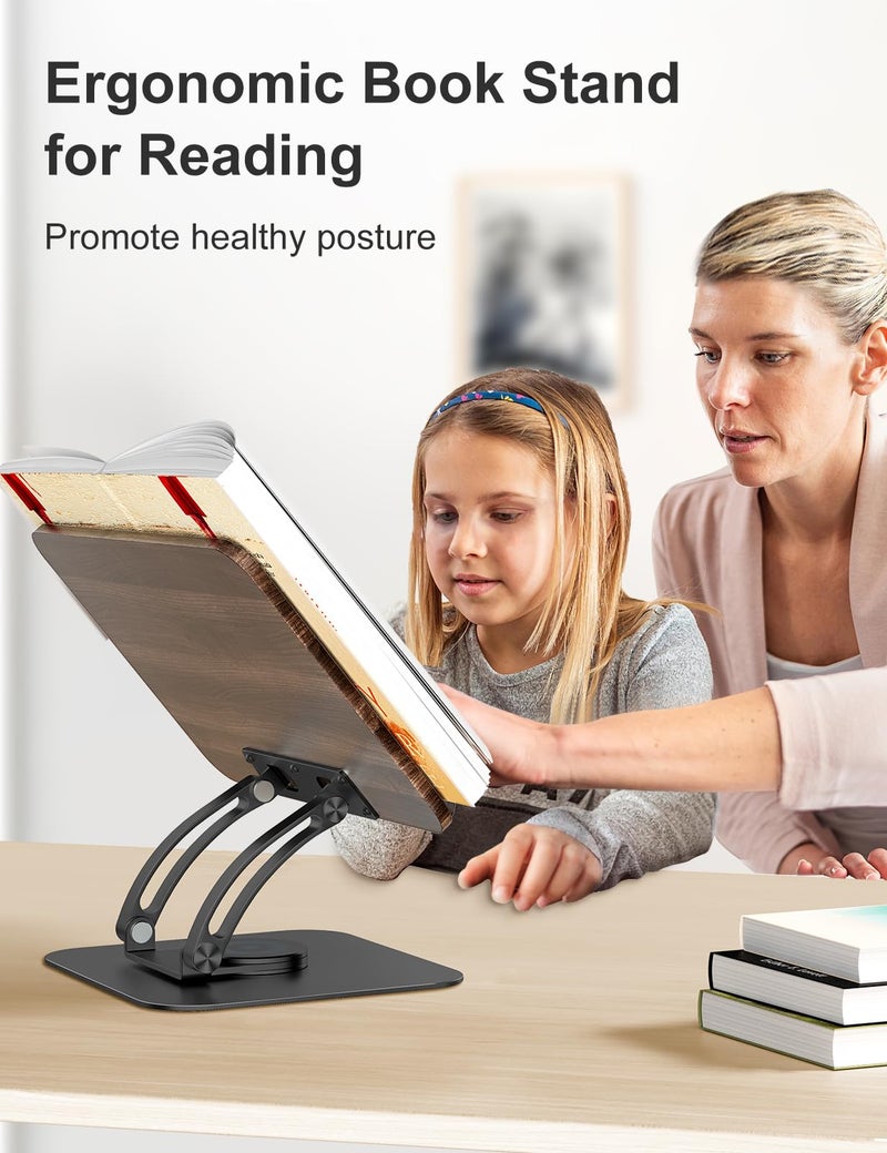Tounee Book Stand for Reading, Adjustable Book Holder with 360° Swivel Base, Foldable Cookbook Stand Recipe Book Holder with Elastic Page Clips for Music Scores, Recipe, Tablet, Laptop-Black - Image 2
