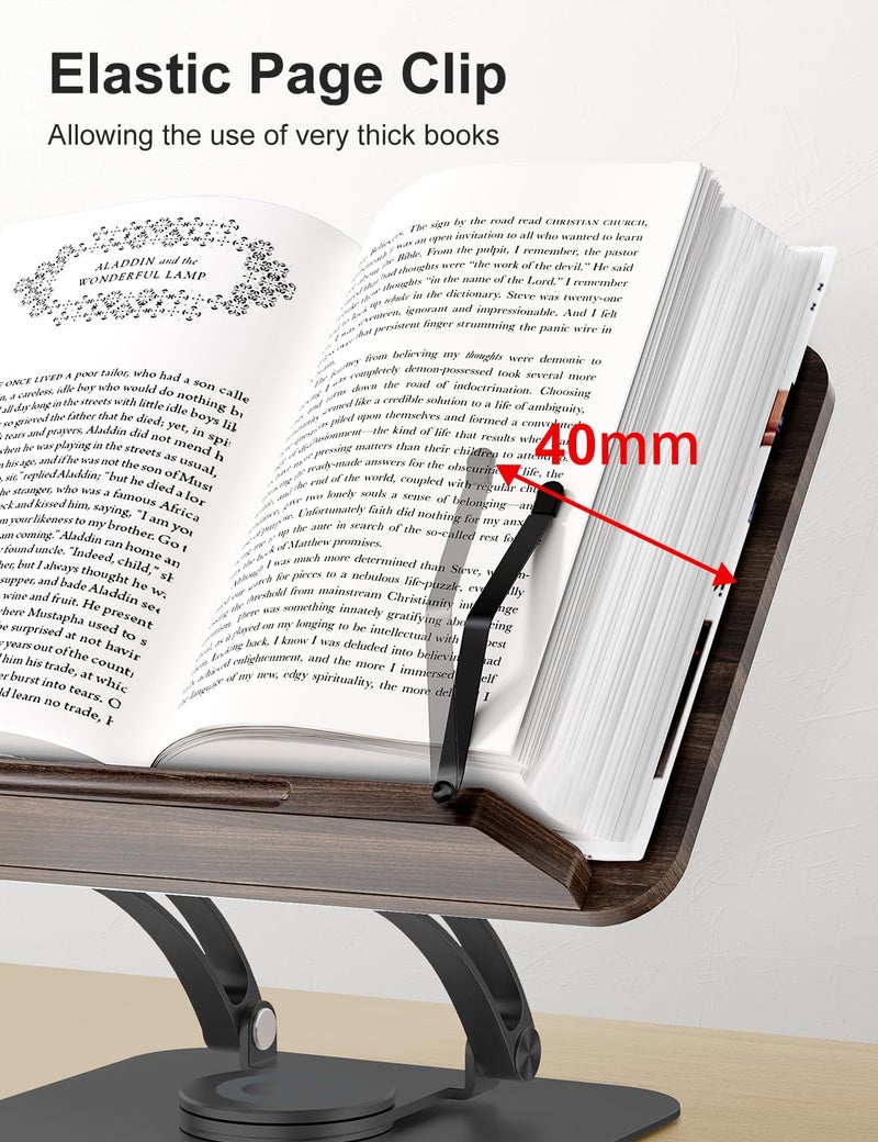 Tounee Book Stand for Reading, Adjustable Book Holder with 360° Swivel Base, Foldable Cookbook Stand Recipe Book Holder with Elastic Page Clips for Music Scores, Recipe, Tablet, Laptop-Black - Image 4