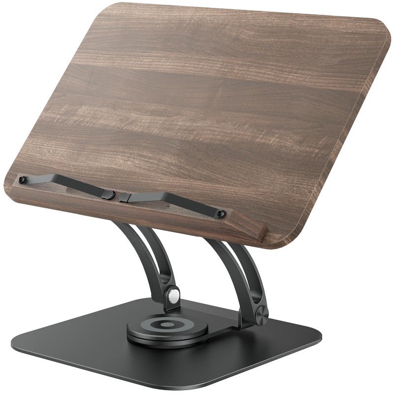 Tounee Book Stand for Reading, Adjustable Book Holder with 360° Swivel Base, Foldable Cookbook Stand Recipe Book Holder with Elastic Page Clips for Music Scores, Recipe, Tablet, Laptop-Black - Image 1