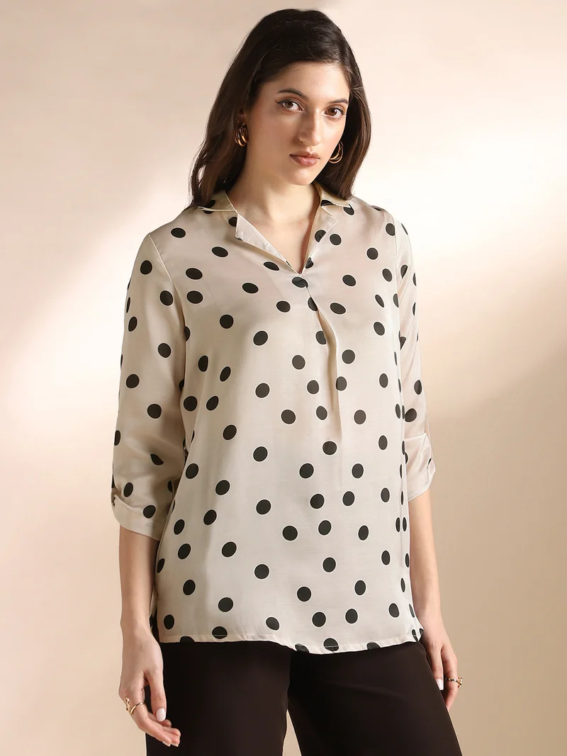 globus Globus Women White Cuban Collar Roll Up Sleeves Polka Dots Curved Hem Satin Workwear Shirt