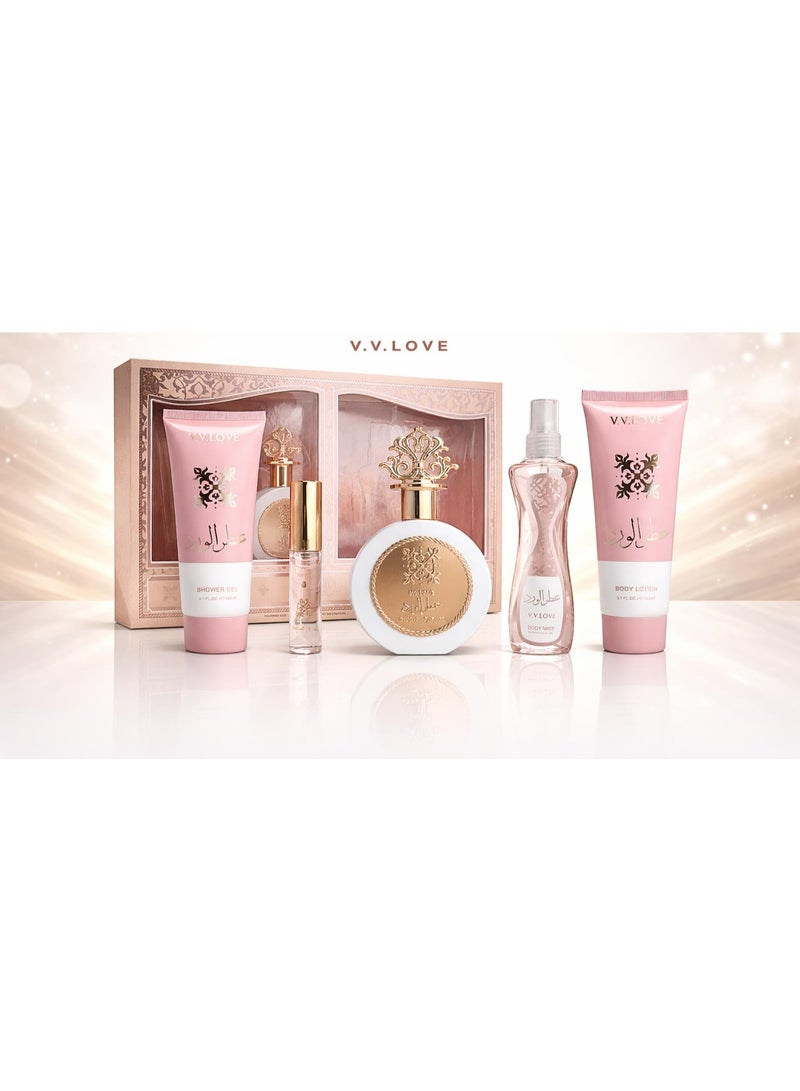 مجموعة هدايا عطر الورد من V.V.LOVE - عطر، جل استحمام، لوشن للجسم، معطر للجسم