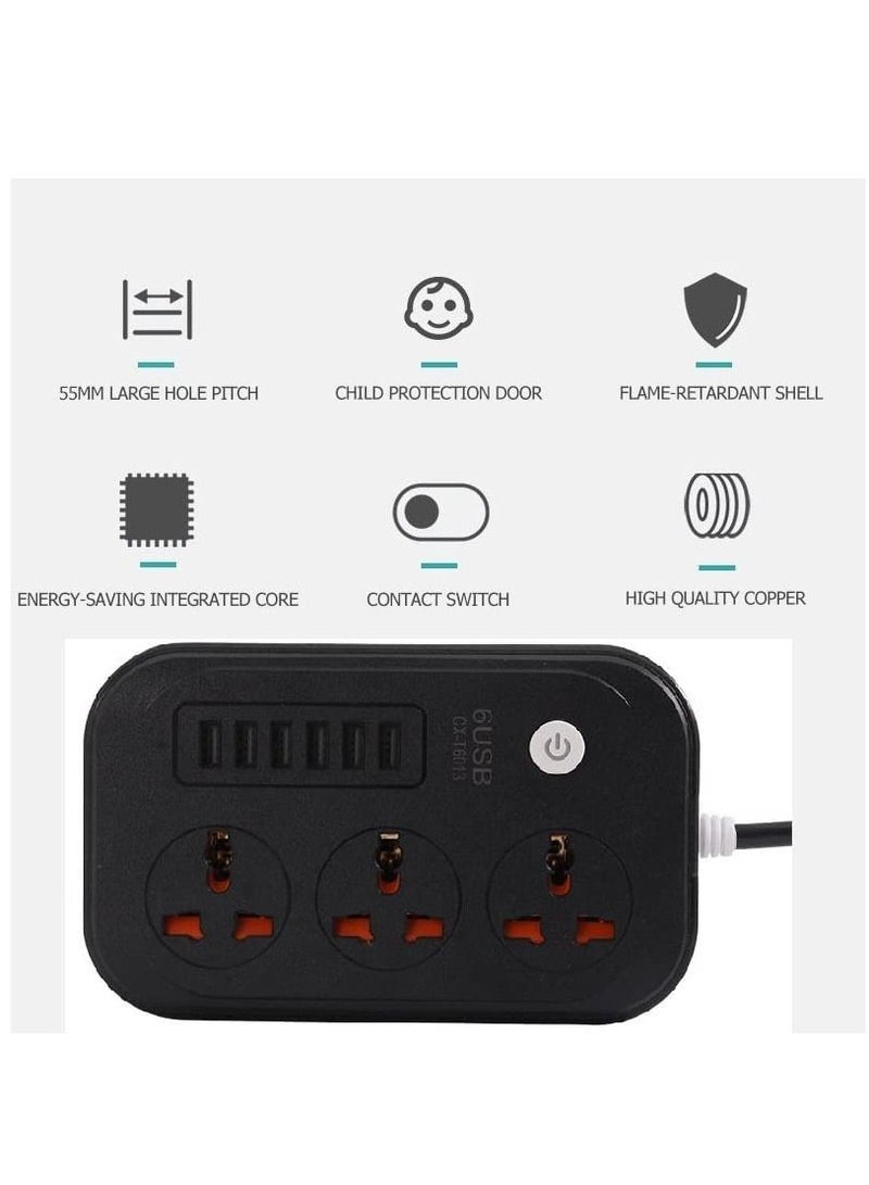 3 Way Smart power socket with 6 USB ports, 3 AC Sockets with 2 Meters Cable and 6 USB Fast Charging Ports USB PORTS  - Image 2