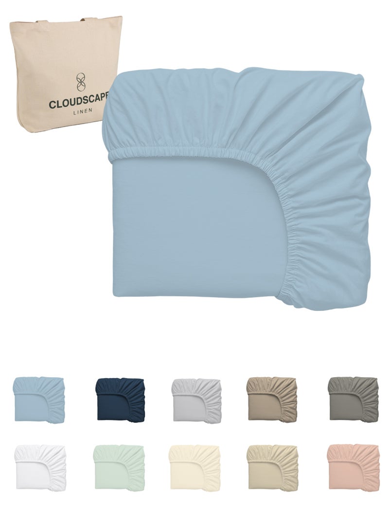 كلاود سكيب لينين Cloud Scape Linen 600 Thread Count Egyptian Cotton Fitted Sheet ( Queen, French Blue) - Image 2