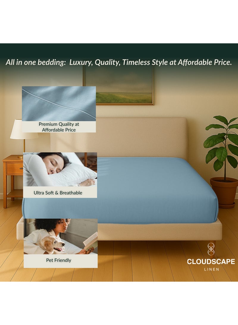 كلاود سكيب لينين Cloud Scape Linen 600 Thread Count Egyptian Cotton Fitted Sheet ( Queen, French Blue) - Image 5