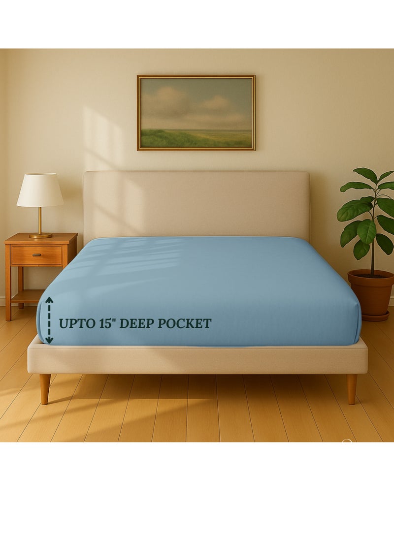 كلاود سكيب لينين Cloud Scape Linen 600 Thread Count Egyptian Cotton Fitted Sheet ( Queen, French Blue) - Image 3