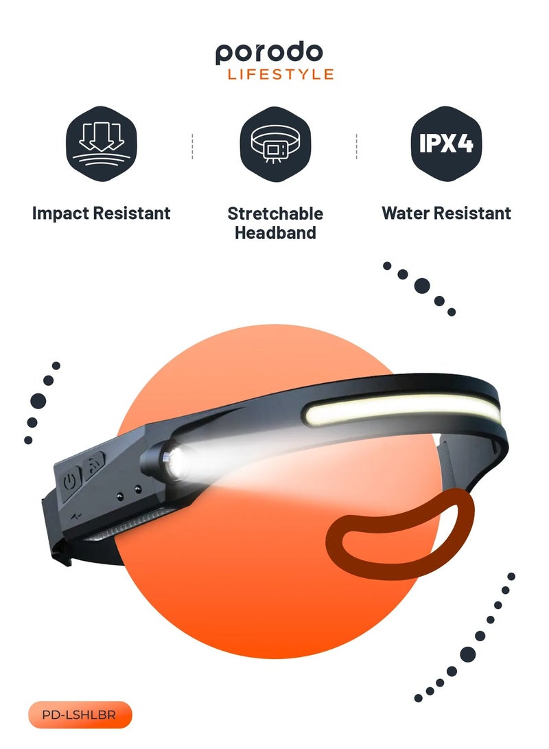 porodo LifeStyle Outdoor Lightbar Headlamp with Motion Sensor / Up to 350 Lumens 80 Meters Lighting Distance / Up to 8 Hours Usage Time - Black/Grey - Image 2