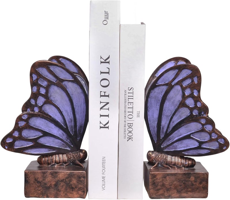 Kakizzy Vintage Purple Butterfly Bookends,Resin Book Ends for Shelves,Heavy Duty Decorative Bookends,Creative Book Stopper Holder Decor for Desk Home Office,Shelf Decoration,Gifts for Mother's Day - Image 1