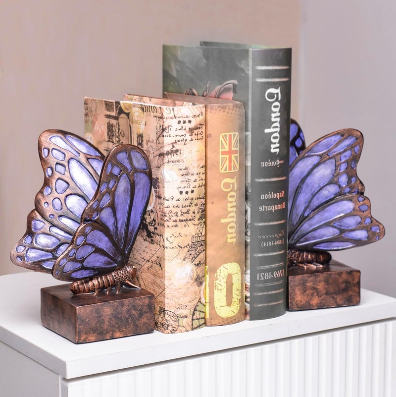 Kakizzy Vintage Purple Butterfly Bookends,Resin Book Ends for Shelves,Heavy Duty Decorative Bookends,Creative Book Stopper Holder Decor for Desk Home Office,Shelf Decoration,Gifts for Mother's Day - Image 2