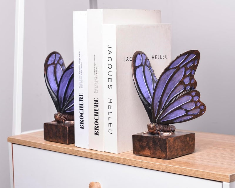 Kakizzy Vintage Purple Butterfly Bookends,Resin Book Ends for Shelves,Heavy Duty Decorative Bookends,Creative Book Stopper Holder Decor for Desk Home Office,Shelf Decoration,Gifts for Mother's Day - Image 5