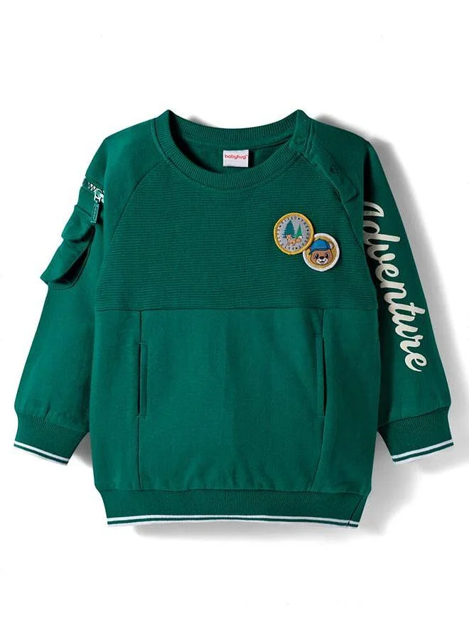 Babyhug Babyhug Cotton Knit Full Sleeves Sweatshirt with Text Graphic & Patch Detailing - Green